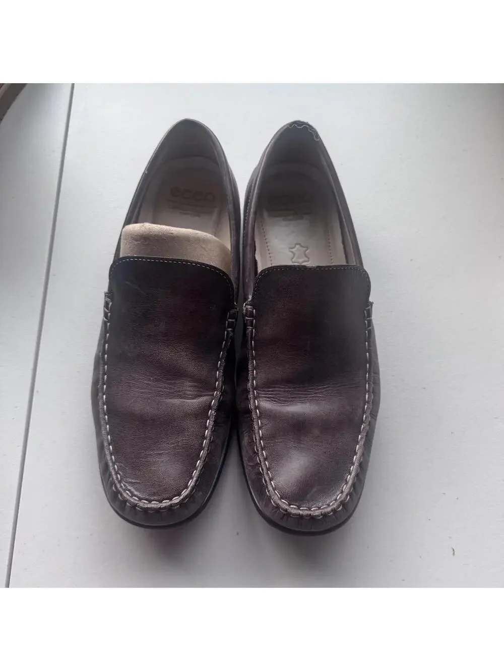 ECCO Brown Leather Moc Toe Loafers Slip On Dress Shoes